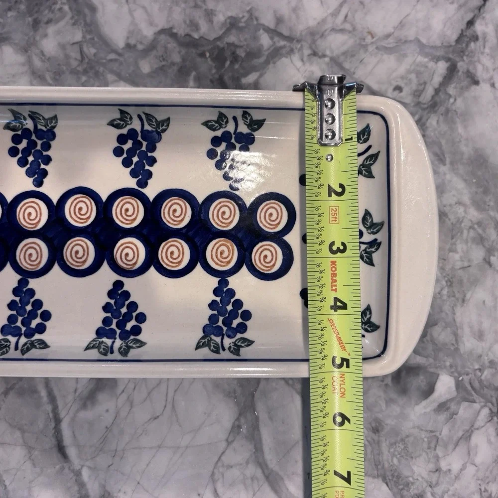 Boleslawiec Handmade Polish Pottery Blue Rose Grape Rectangle Serving Dish